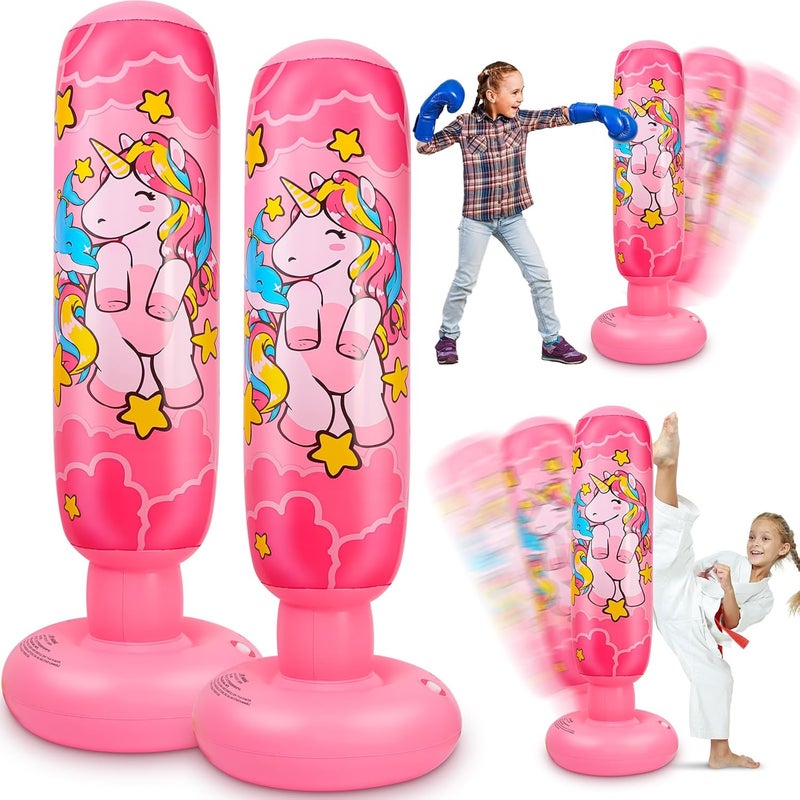 Vinsatin 2 Pcs 47" Kids Punching Bag Girls Stable Inflatable Boxing Bag Unicorn Heavy Punch with Instant Bounce Back Movement Kids Workout Equipment Karate Gifts for Girls Karate Taekwond - Image 1